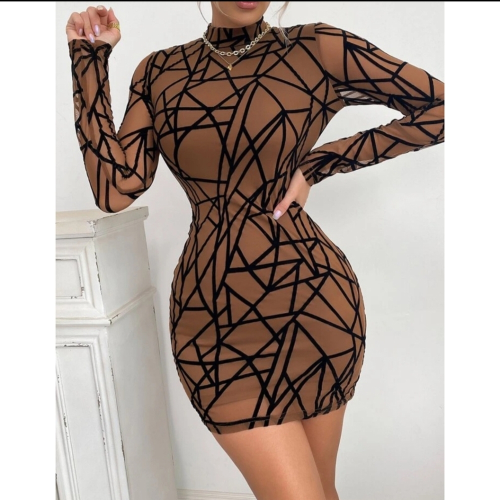 Black and Tan Geometric Bodycon Dress